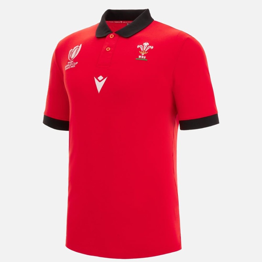 Tenues De Match Officielles Macron Rugby Du Pays De Galles | Polo Pique En Coton Ligne Supporter Adulte Rugby World Cup 2023 Galles Rugby