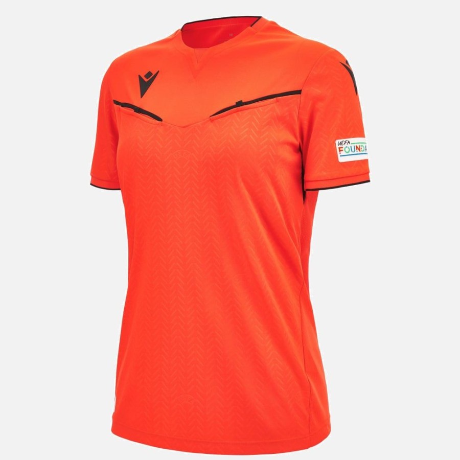 Tenues De Match Officielles Macron Arbitres Uefa | Maillot Arbitre Femme Neon Rouge Uefa 2023/25