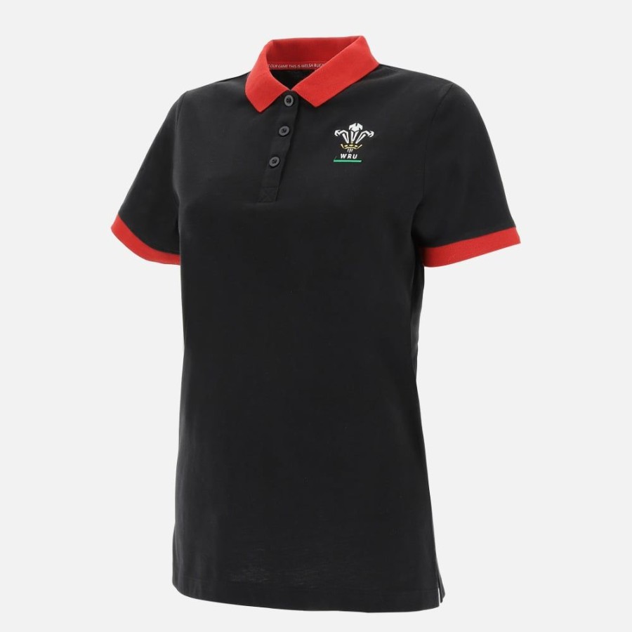 Tenues De Match Officielles Macron Rugby Du Pays De Galles | Polo Noir Pour Femme Ligne Supporter Du Pays De Galles Rugby 2020/21 | Vetements De Sport Techniques Macron