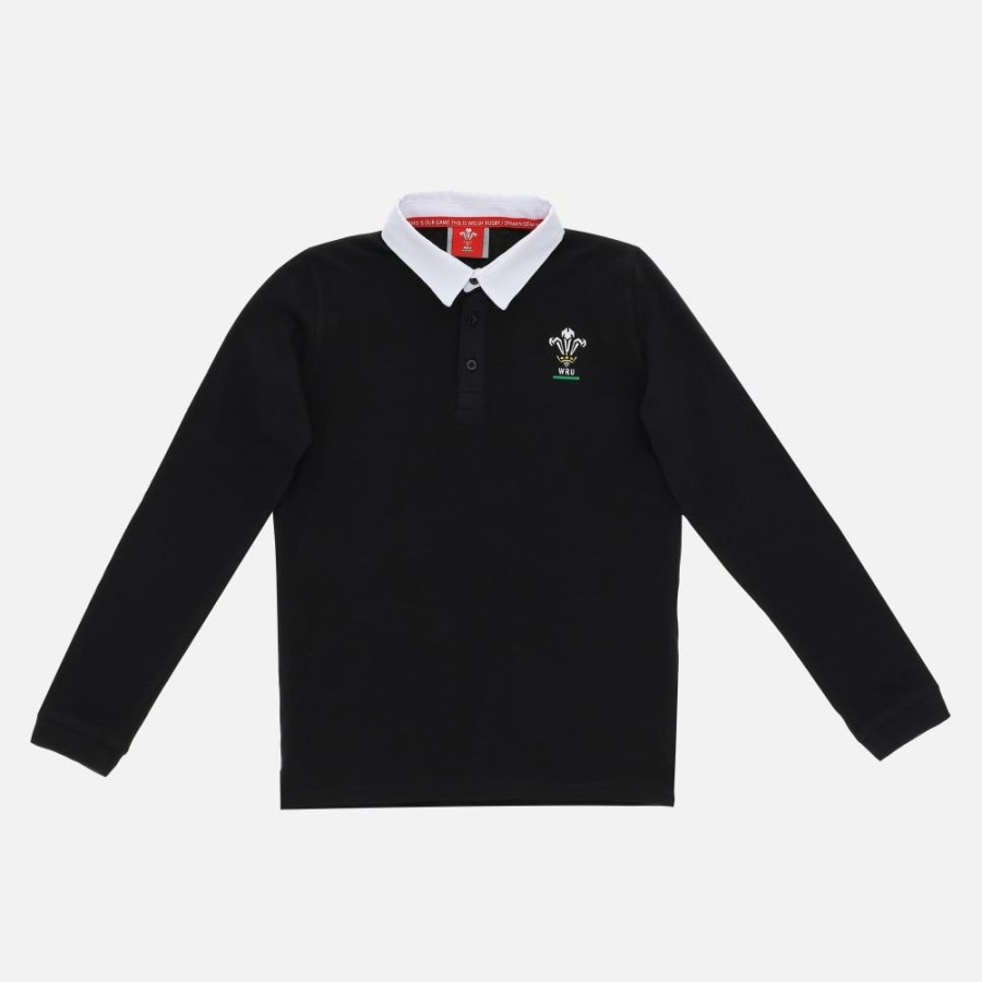 Tenues De Match Officielles Macron Rugby Du Pays De Galles | Polo En Coton Jersey Noir Ligne Supporter Du Pays De Galles Rugby 2020/21 Pour Enfant | Vetements De Sport Techniques Macron